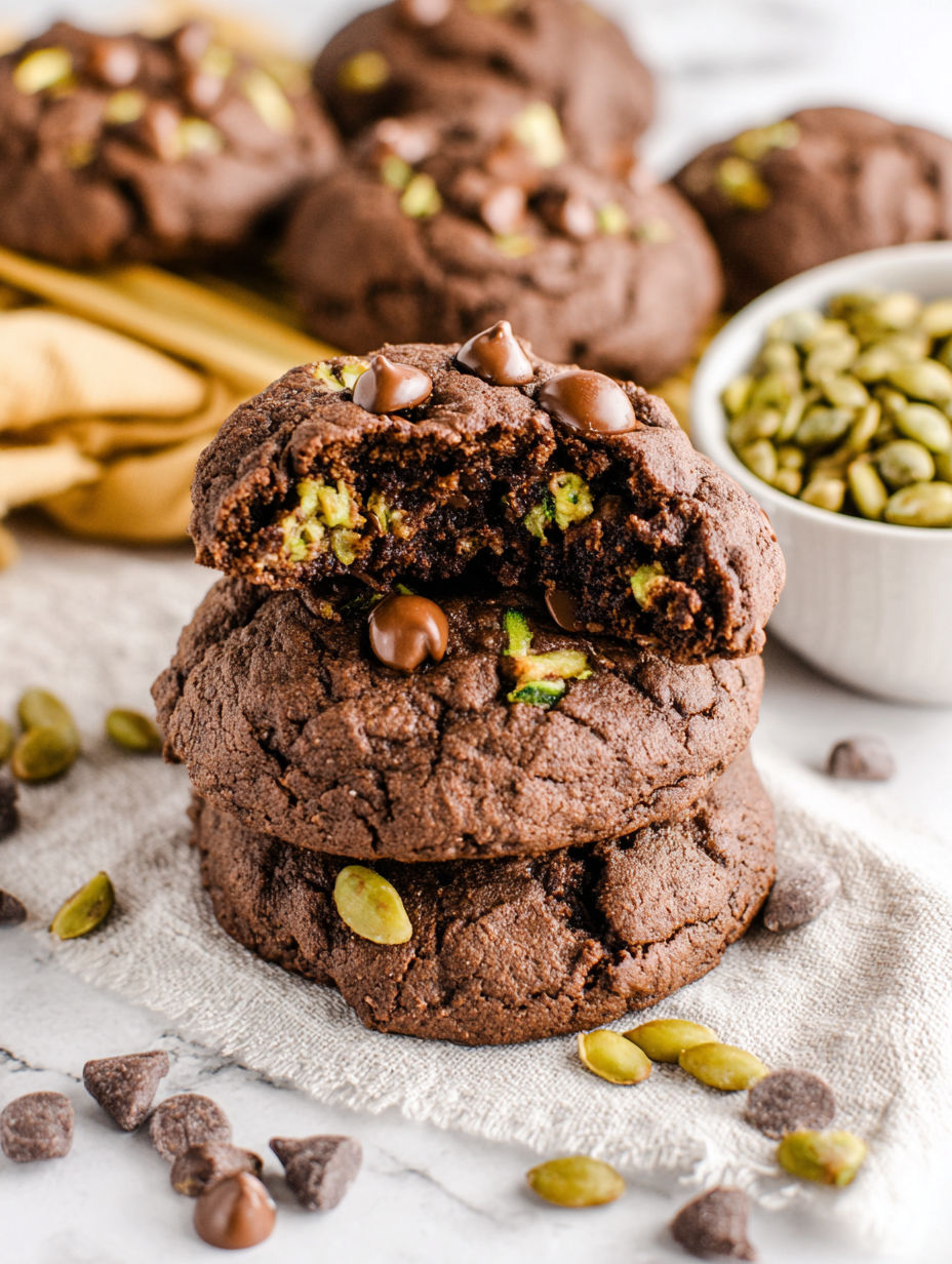 Ein Stapel Schokoladenkekse mit Schokoladenstückchen und Pistazien.