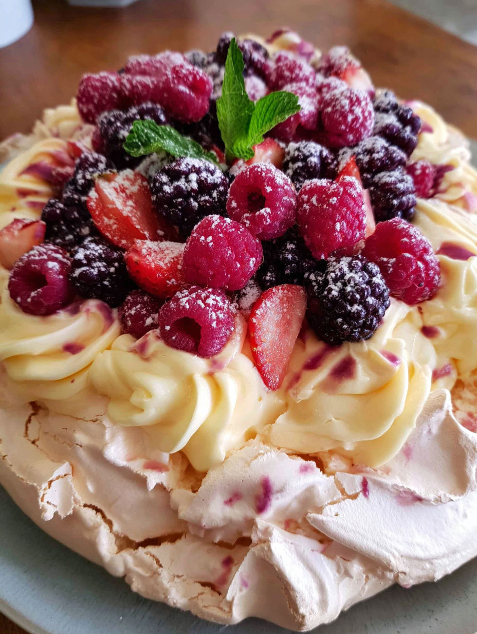 Ein Kuchen mit Erdbeeren und Himbeeren oben drauf.
