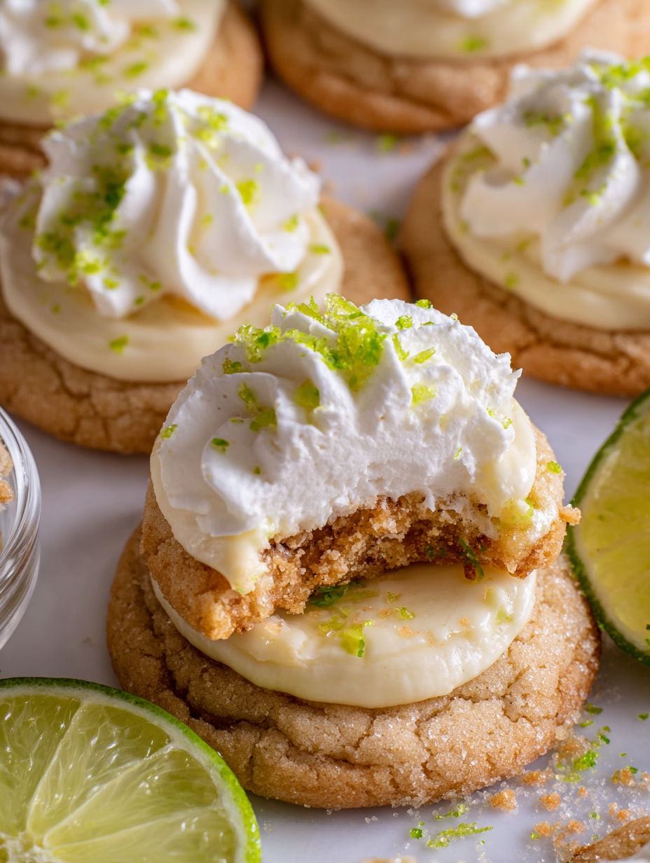 Ein Keks mit weißer Sahne und einer Limette darauf.