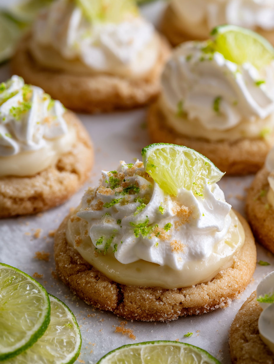 Ein Keks mit Sahne und einer Scheibe Limette darauf.