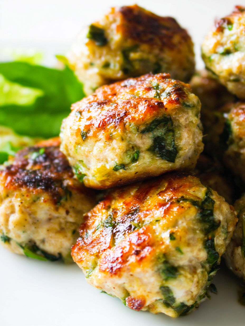 Ein Teller mit Fleischbällchen und grünen Beilagen.