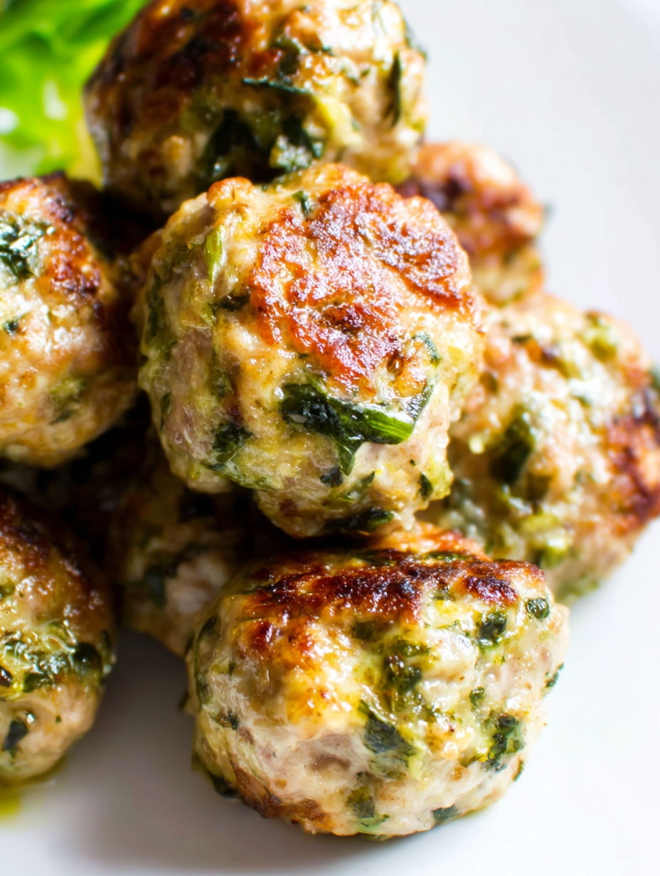 Ein Teller mit Fleischbällchen und grünen Beilagen.