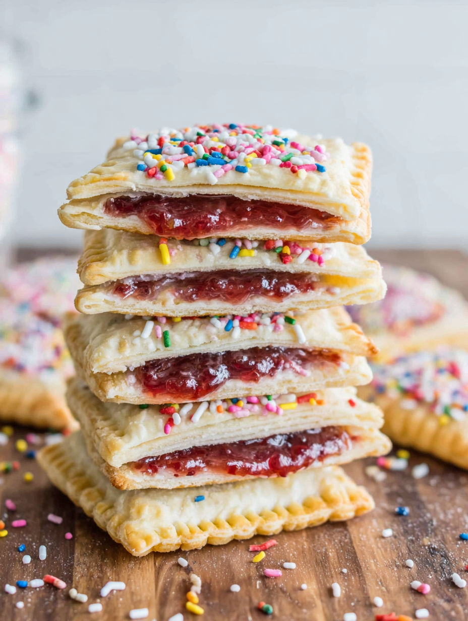 Ein Stapel selbstgemachter Pop Tarts mit Erdbeermarmelade.