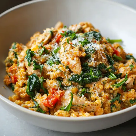 Eine Schüssel mit Pesto Huhn Blumenkohlreis.