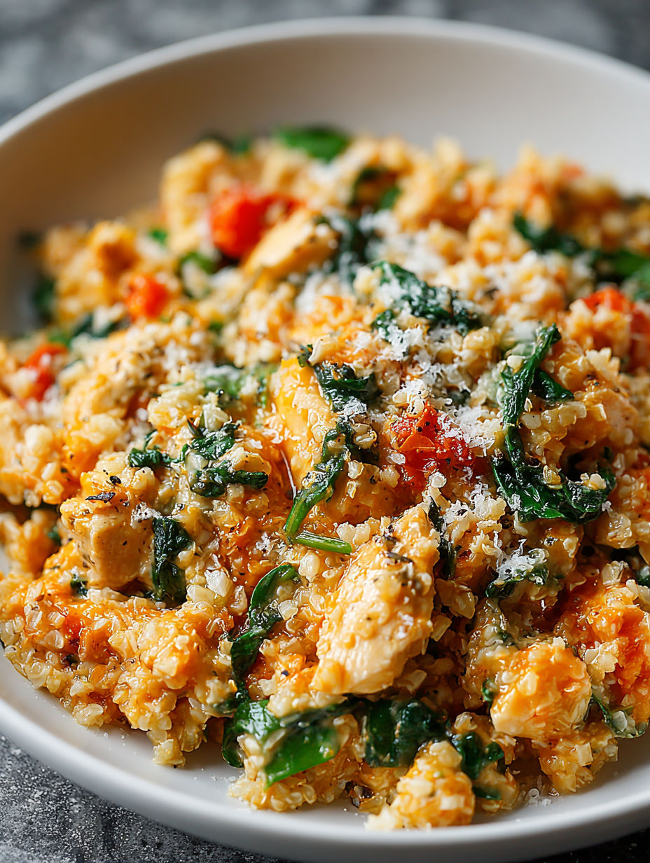Eine Schüssel mit Pesto-Hühnchen-Blumenkohlreis.