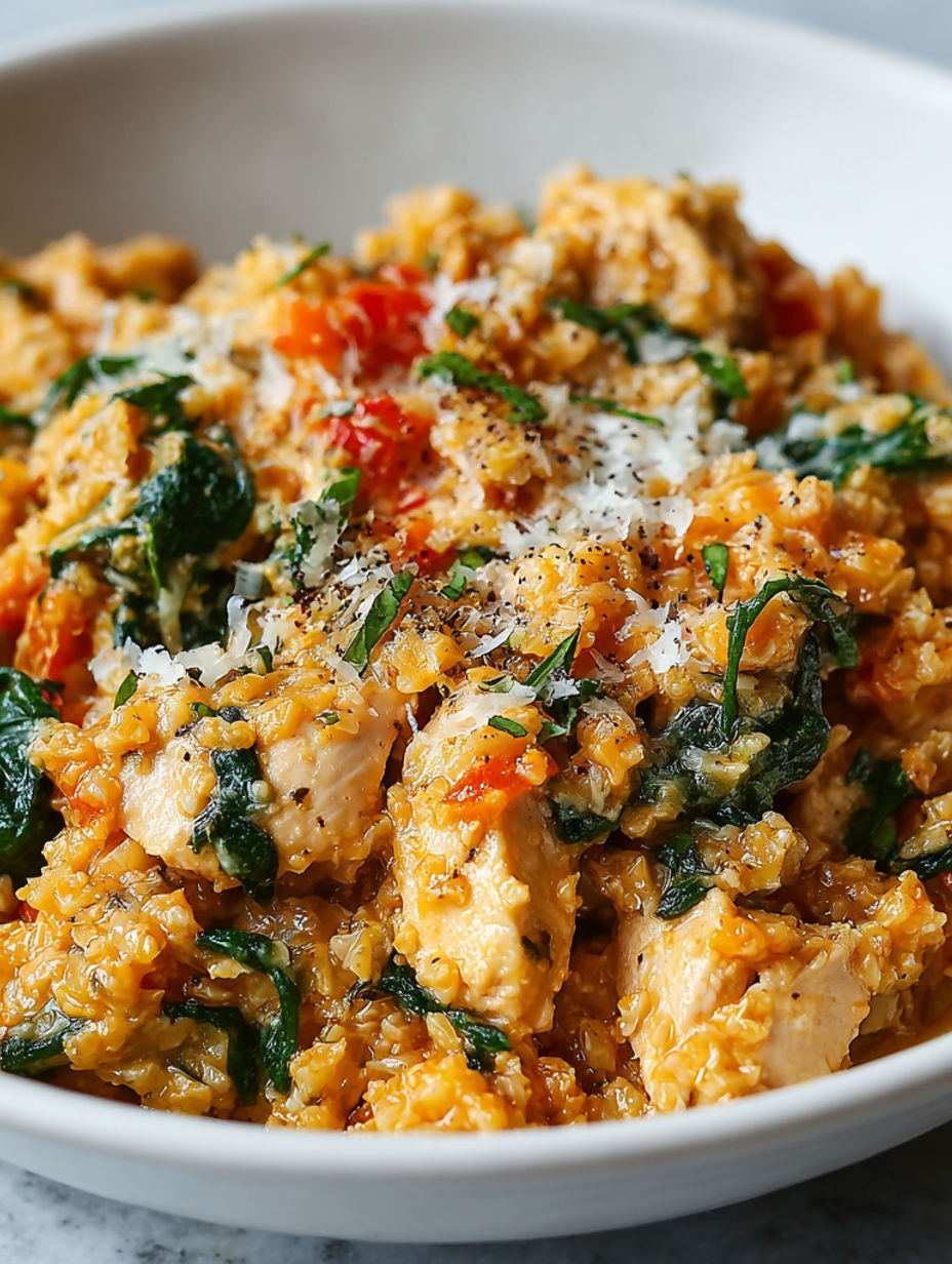 Eine Schüssel mit Pesto-Hühnchen-Blumenkohlreis.