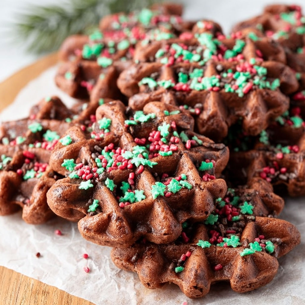 Ein Teller mit Schokoladenwaffel Keksen mit grünen und roten Streuseln.