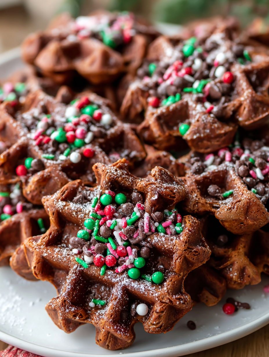 Ein Teller mit Schokoladenwaffelkeksen und Weihnachtsstreuseln.