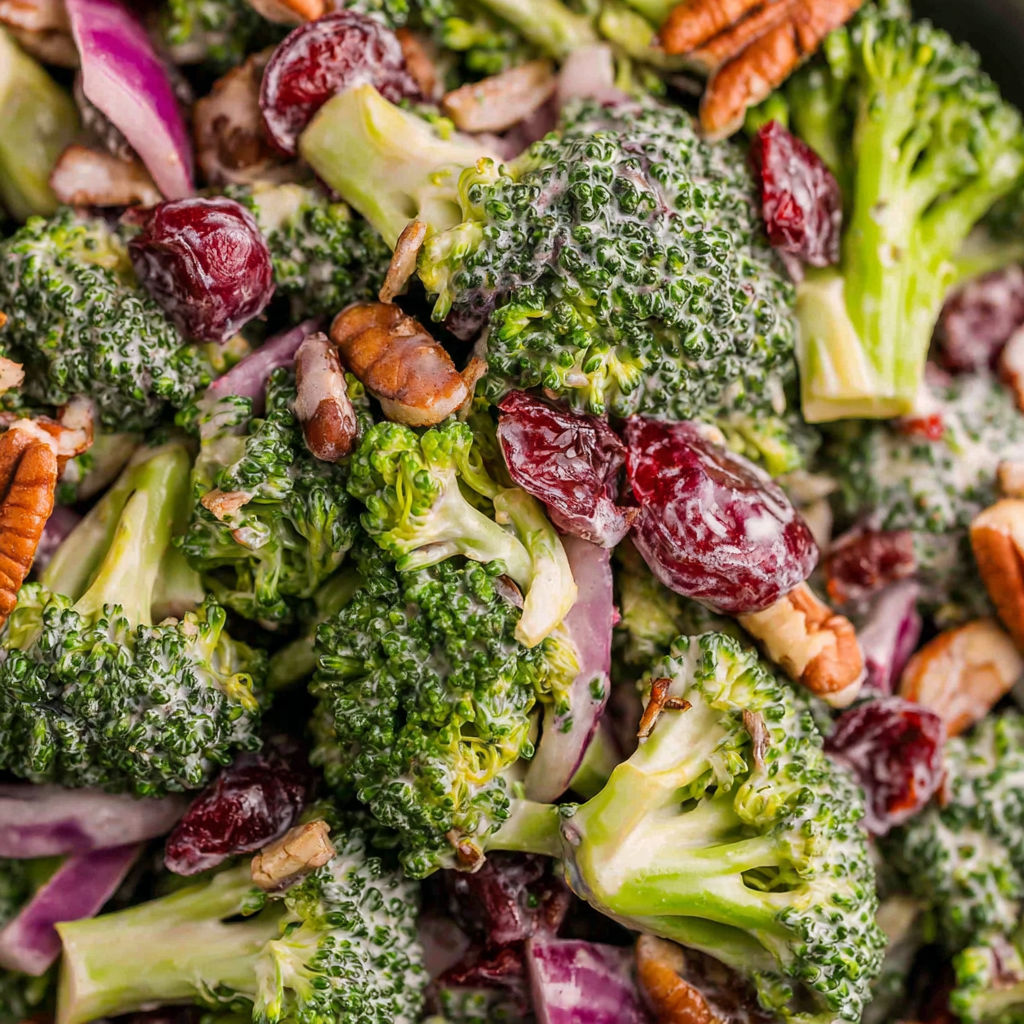 Ein Nahaufnahme eines Salats mit Brokkoli und Kirschen.