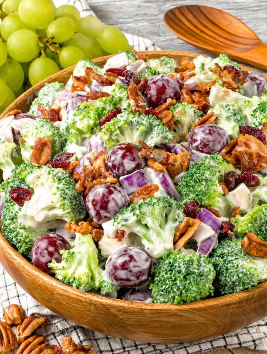 Eine Schüssel mit Brokkoli und Trauben.