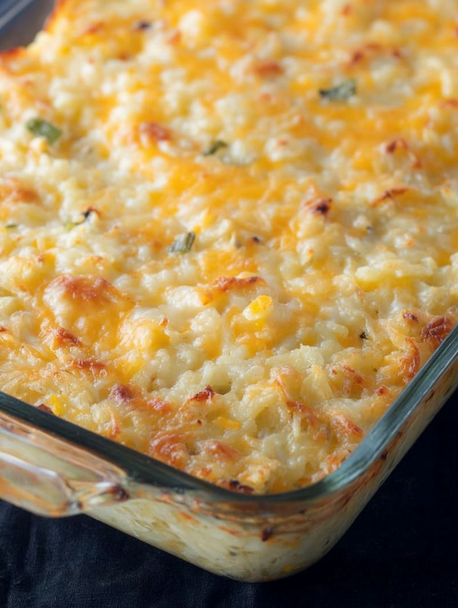 Ein Nahaufnahme von einem Auflaufform mit cheesy Gericht.