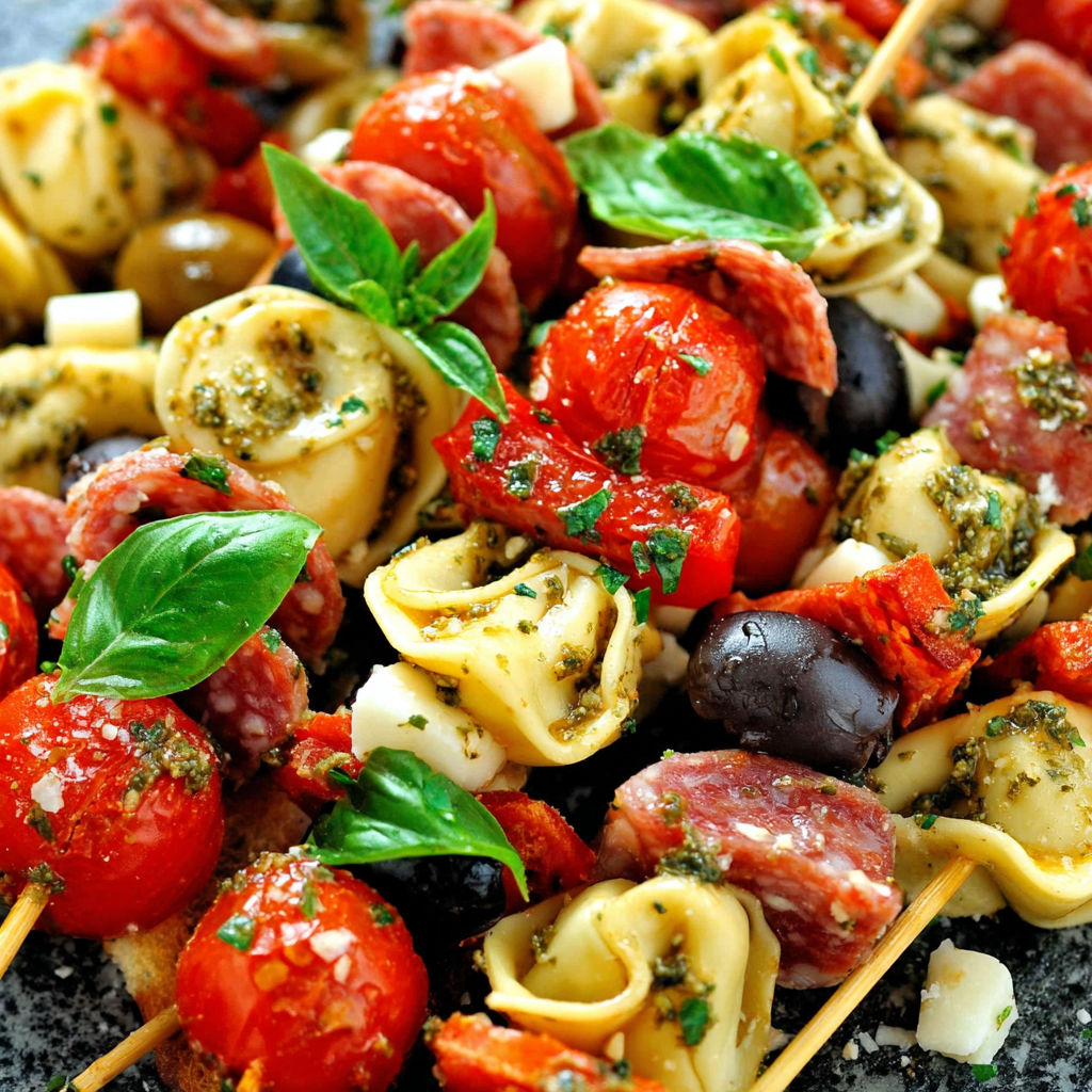 Ein Teller mit Tomaten, Oliven und Pasta.