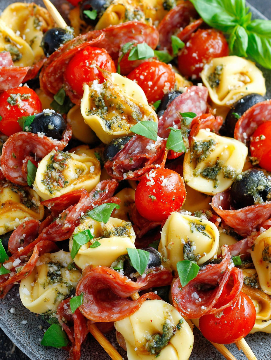 Ein Teller mit Essen, Tomaten, Oliven und Pasta.