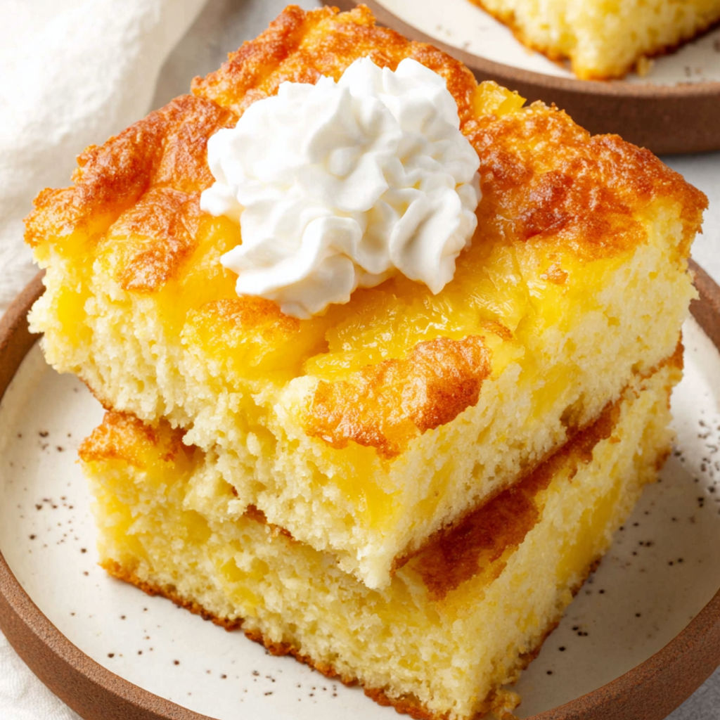 Ein Stück Ananaskuchen mit 3 Zutaten und Schlagsahne.