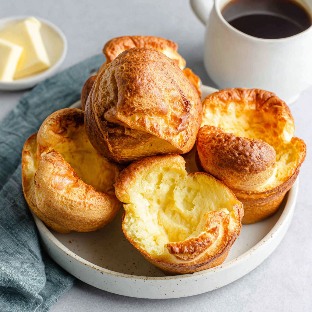 Ein Teller mit Popovers und Butter daneben.