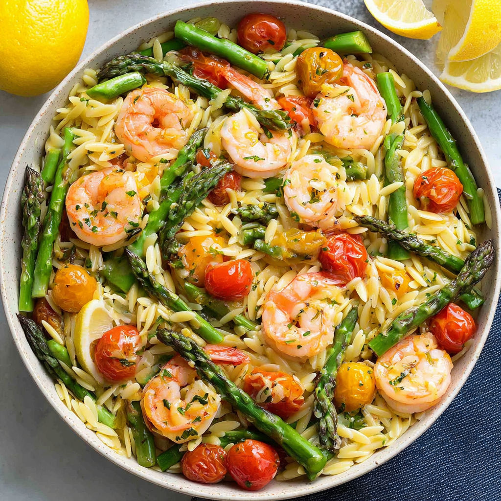 Eine Schüssel Orzo Salat mit Garnelen, Spargel, Tomaten und Zitrone.