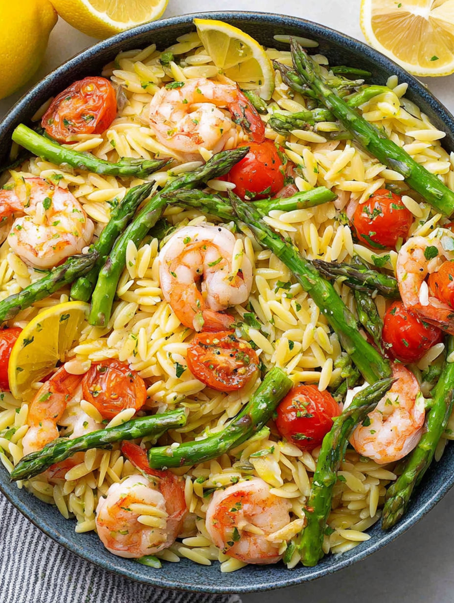 Eine Schüssel mit Garnelen und Spargel.