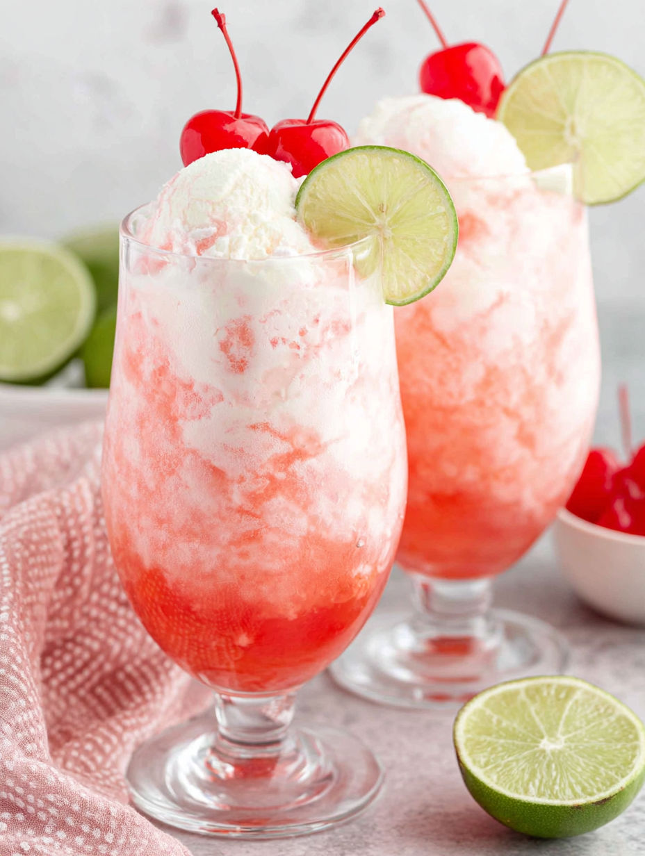 Zwei Gläser mit pinken und weißen Getränken, garniert mit Kirschen.