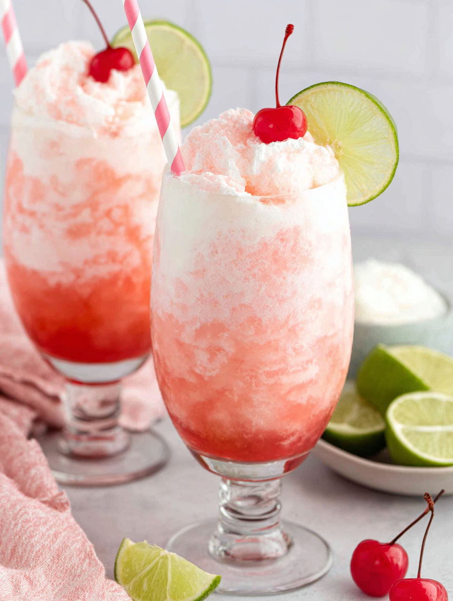 Zwei Gläser mit pinken gefrorenen Getränken und Kirschen.