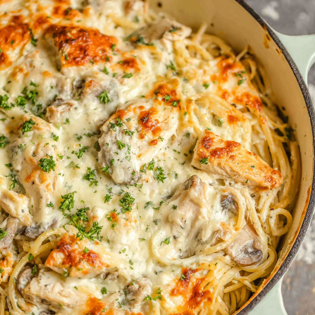 Ein Gericht mit Hühnchen Tetrazzini, Nudeln und Käse.