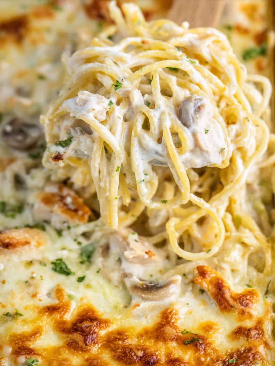 Eine Nahaufnahme einer Schüssel mit Hähnchen Tetrazzini.