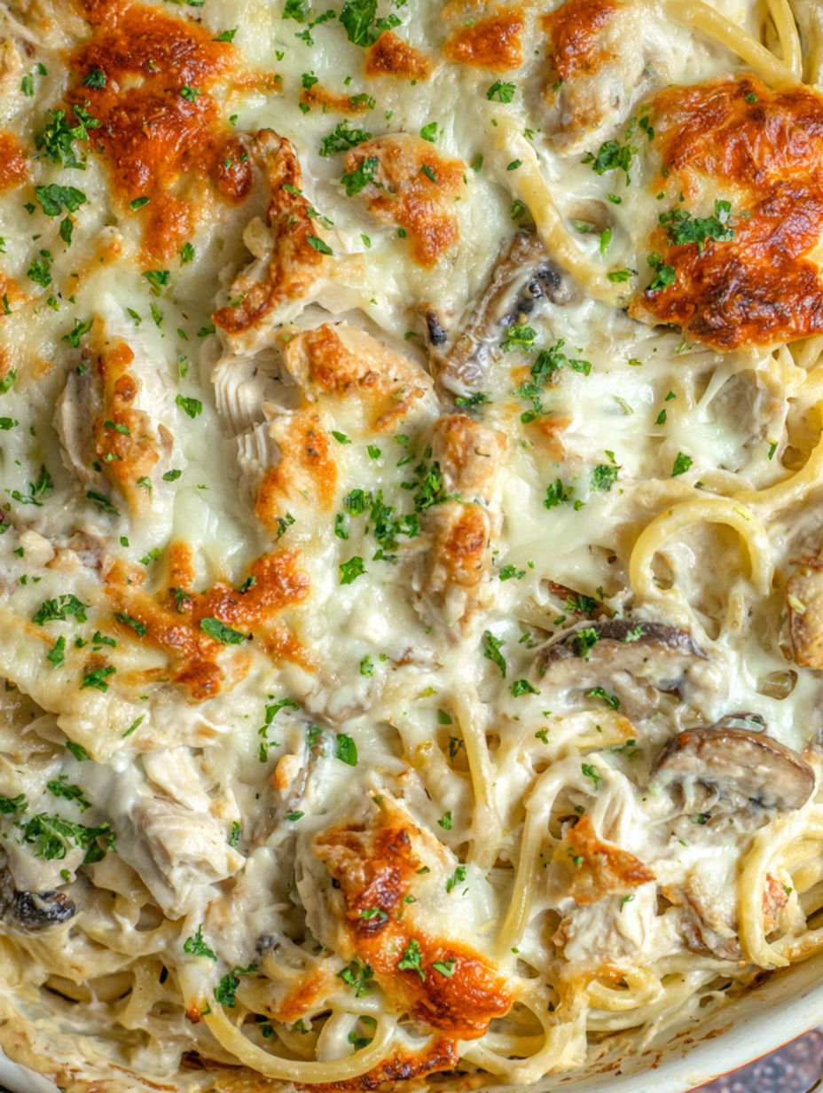 Eine Nahaufnahme eines Hähnchen Tetrazzini-Gerichts.