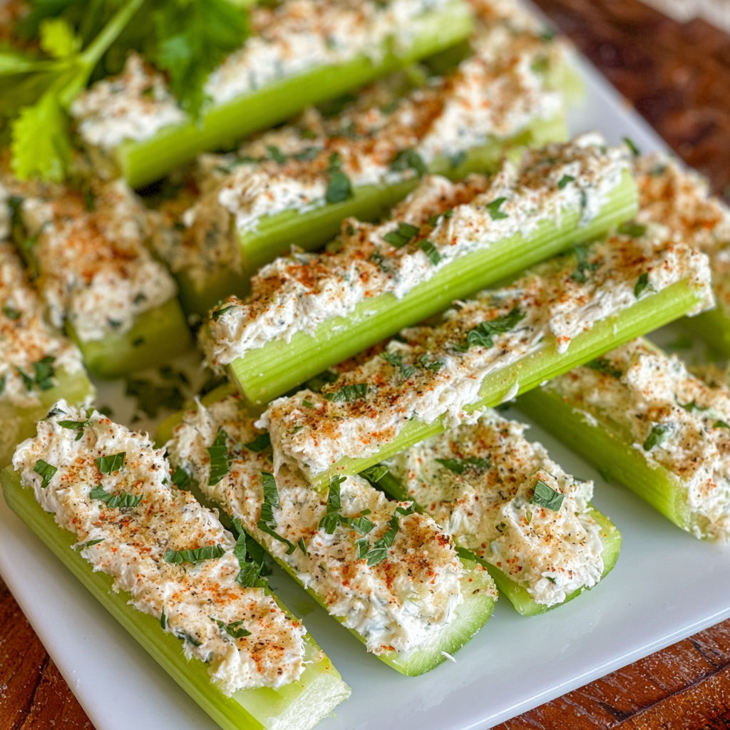 Ein Teller mit Sellerie, der mit italienischem Frischkäse gefüllt ist.