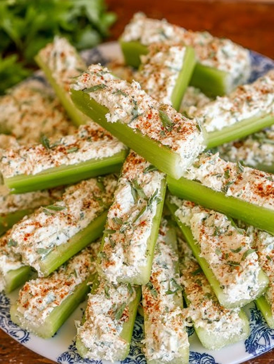 Ein Teller mit Sellerie, gefüllt mit italienischem Frischkäse.