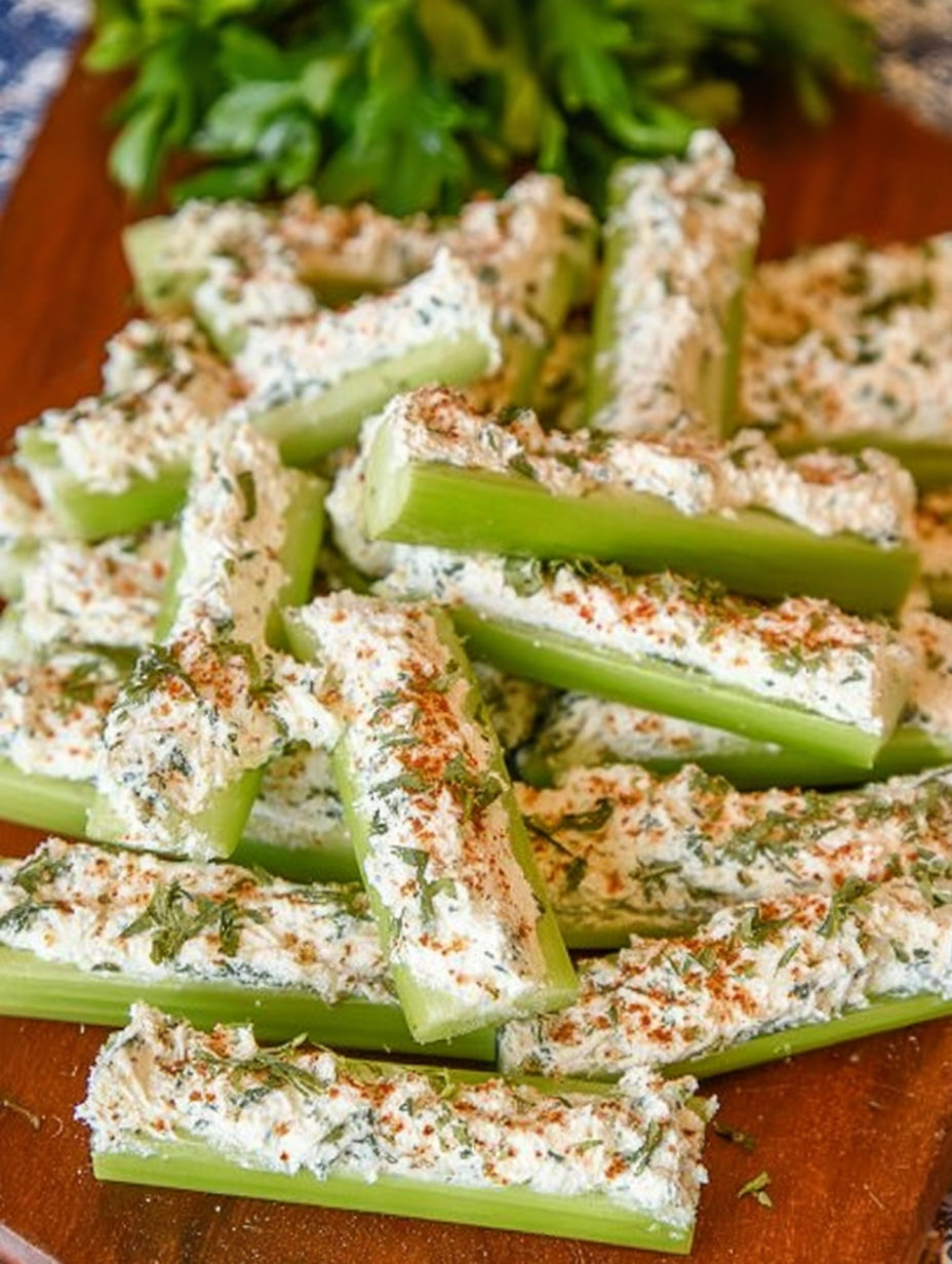 Ein Teller mit Sellerie, gefüllt mit italienischem Frischkäse.