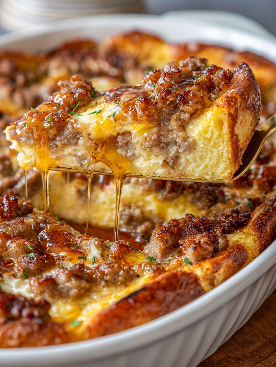 Eine Pfanne mit Wurst und Käse in Sirup.