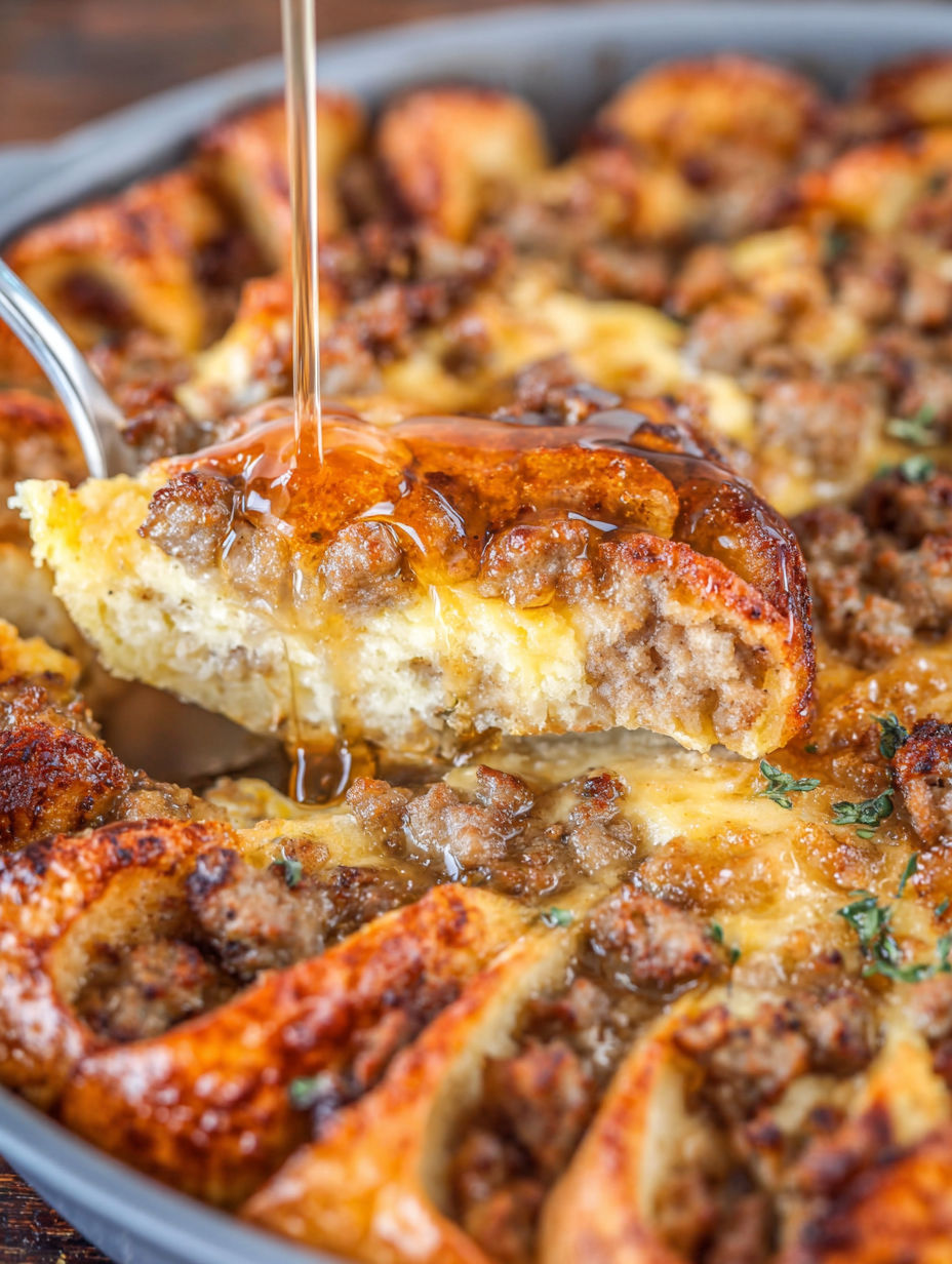 Eine Pfanne mit Wurst und Käseauflauf mit einem Löffel darin.