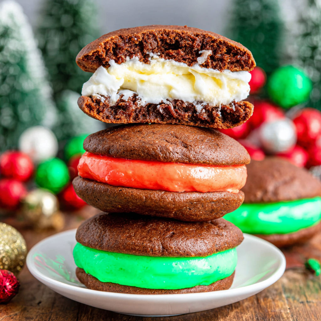 Drei gestapelte Kekse mit Schokolade und weißem Frosting.