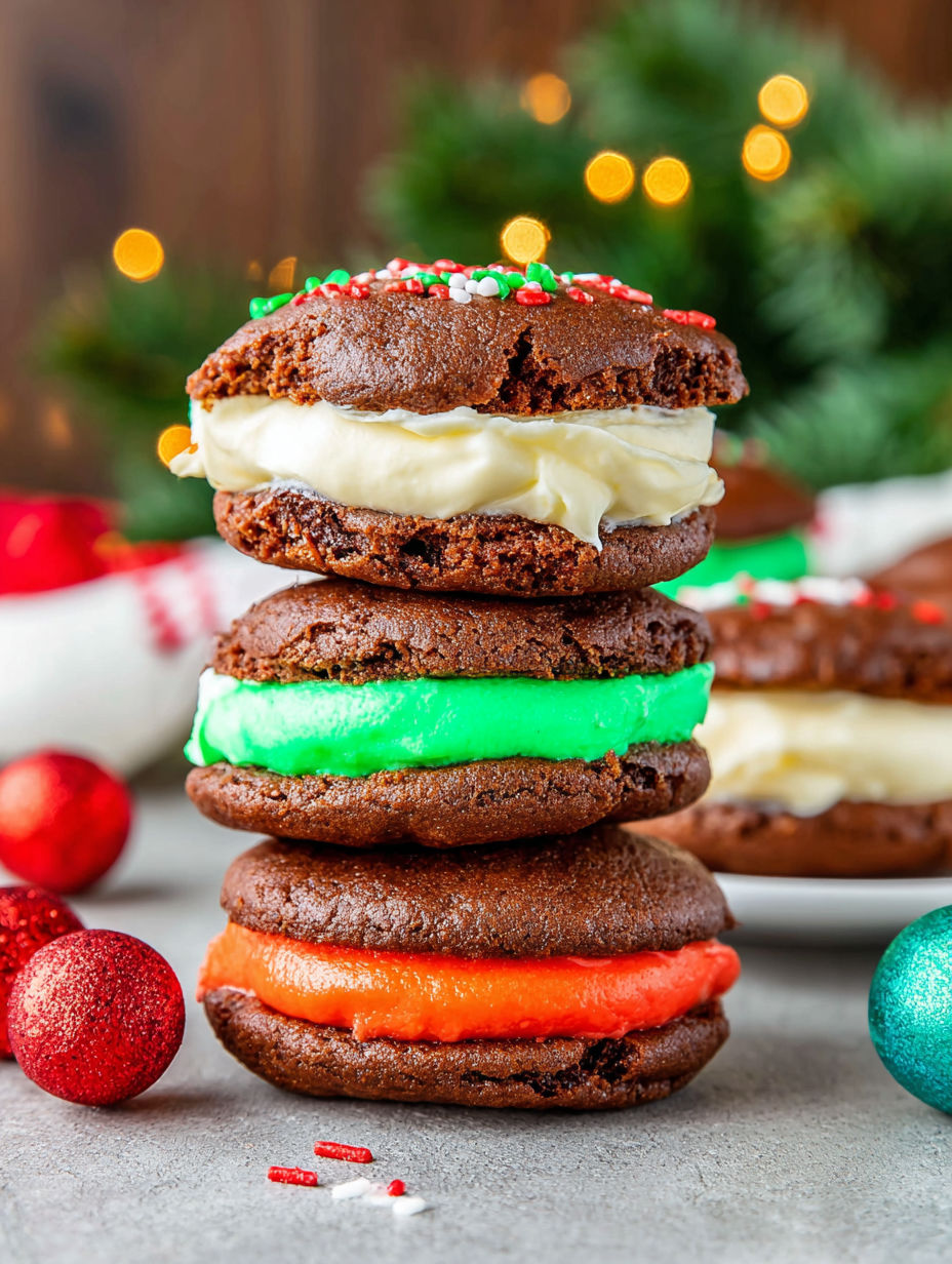 Ein Stapel von vier farbenfrohen Whoopie Pies.