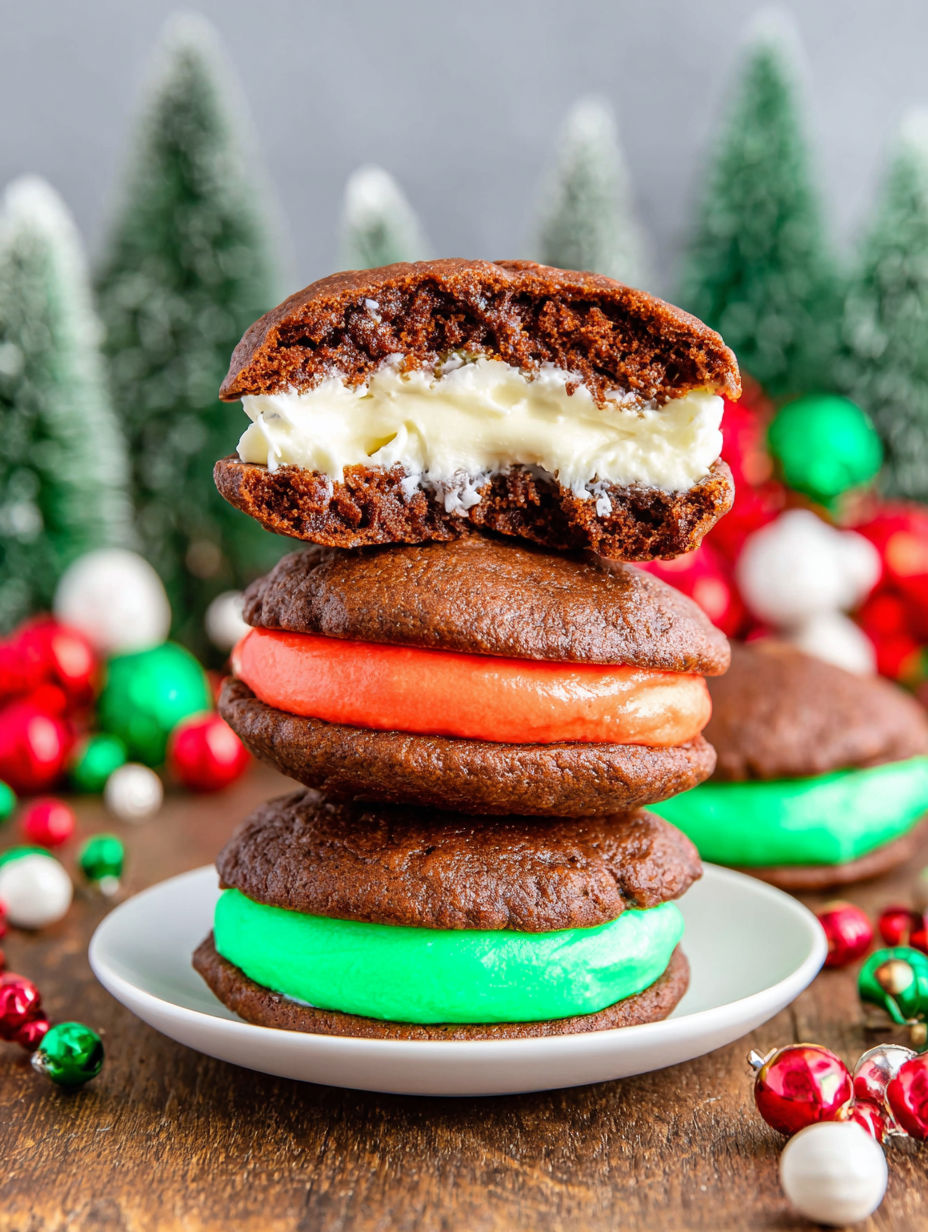 Ein Stapel von vier unterschiedlich gefärbten Whoopie Pies.