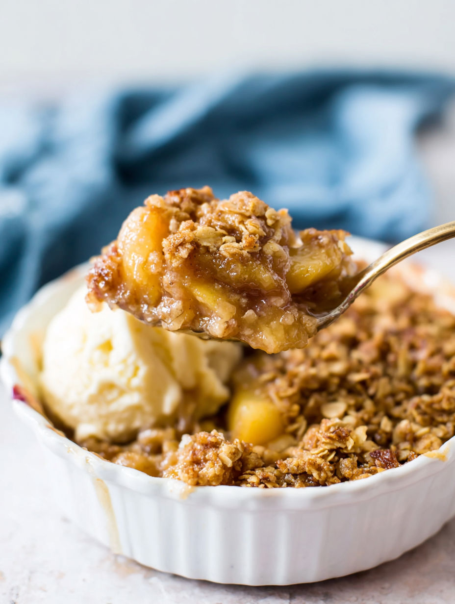 Ein Löffel in einer Schüssel mit Pfirsich Crisp.