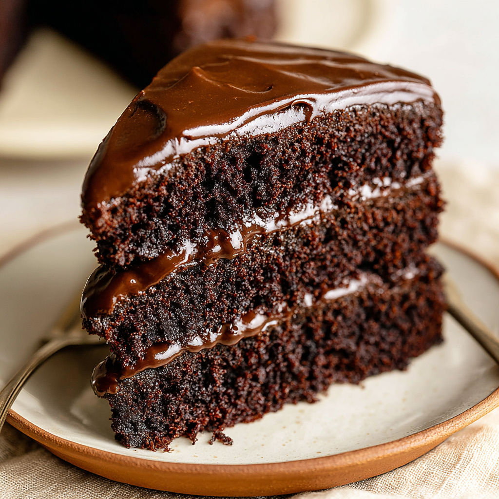 Ein Stück Schokoladenkuchen mit Schokoladenglasur.