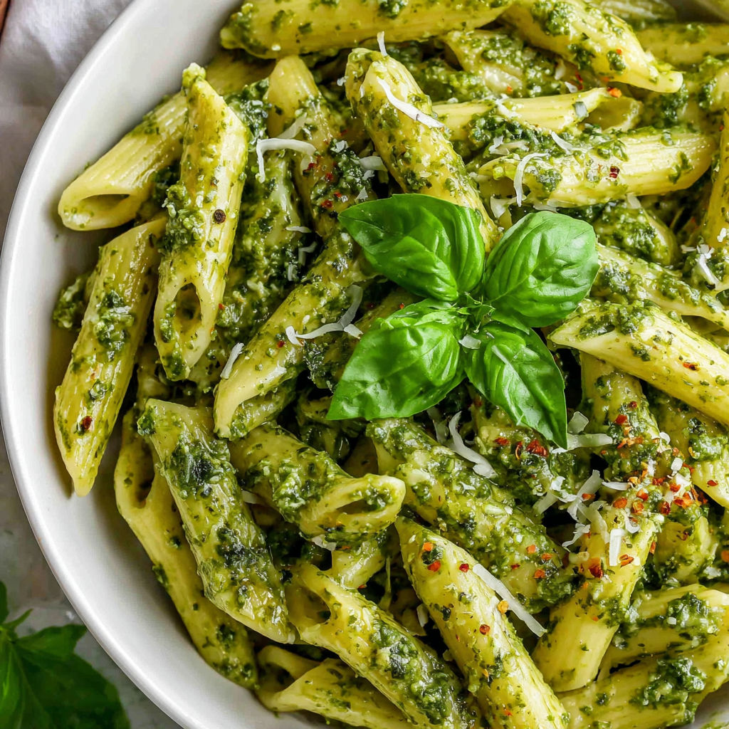 Eine Schüssel Pasta mit Pesto-Soße und Käse.