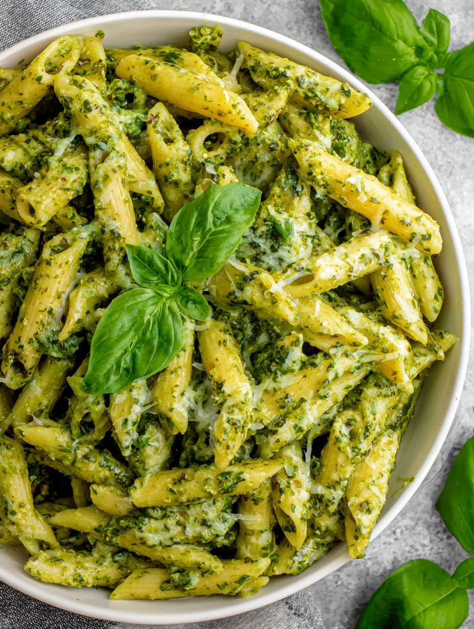 Eine Schüssel mit cremiger Pesto-Pasta.