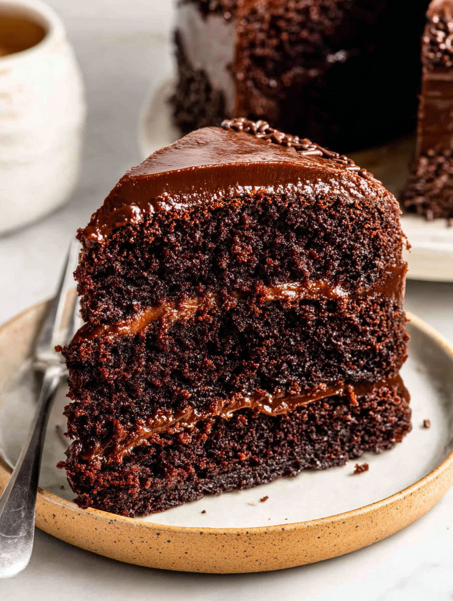 Ein Stück Schokoladenkuchen auf einem Teller.