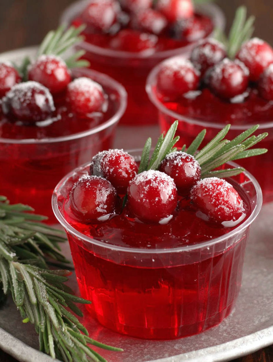 Ein rotes Gelee-Dessert mit Cranberries und Puderzucker.