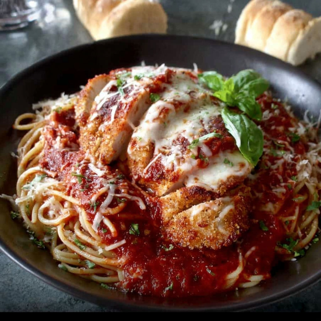 Ein Teller Hähnchen Parmesan mit Spaghetti.