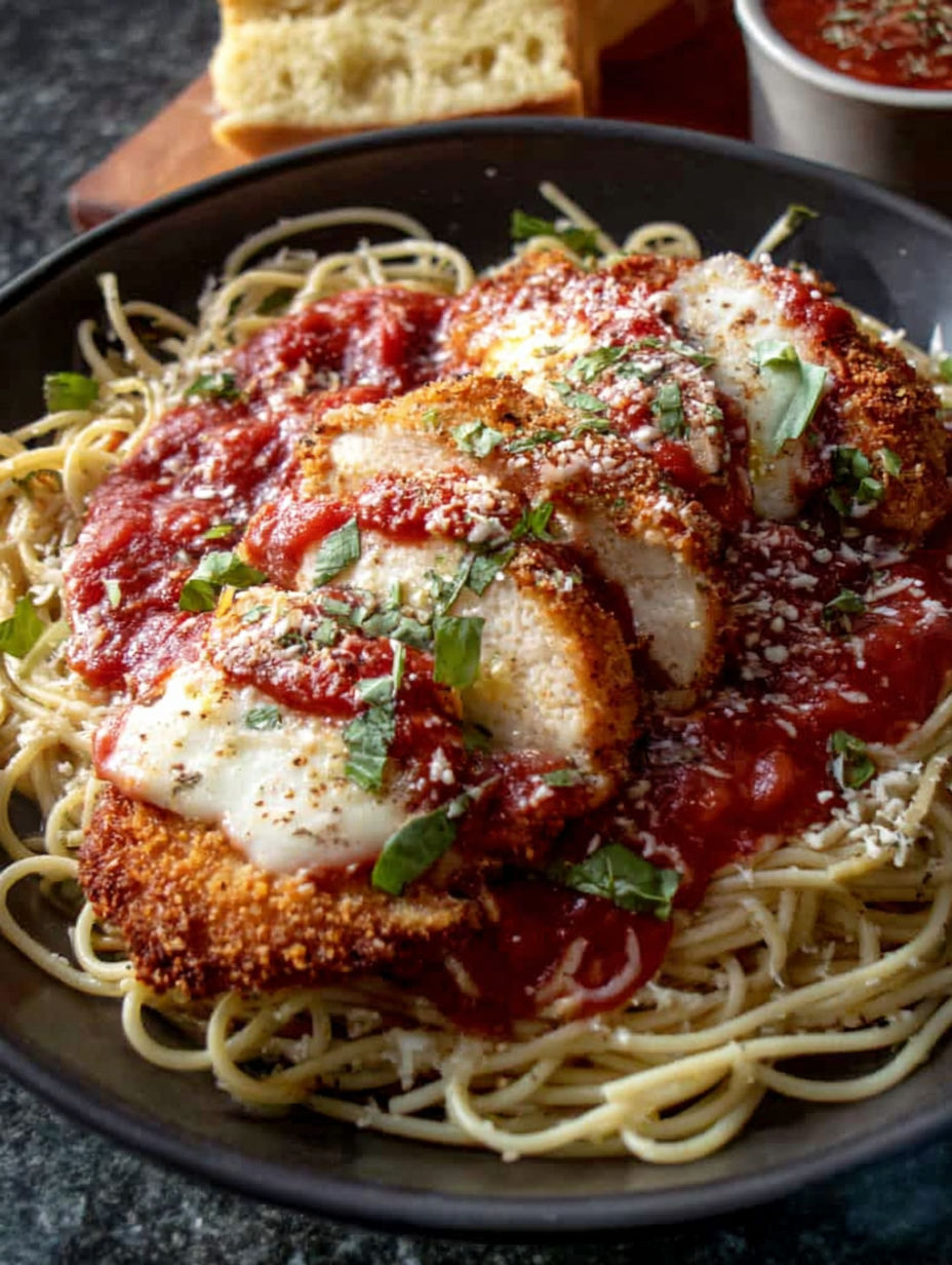 Ein Teller Hähnchen Parmesan mit Spaghetti.