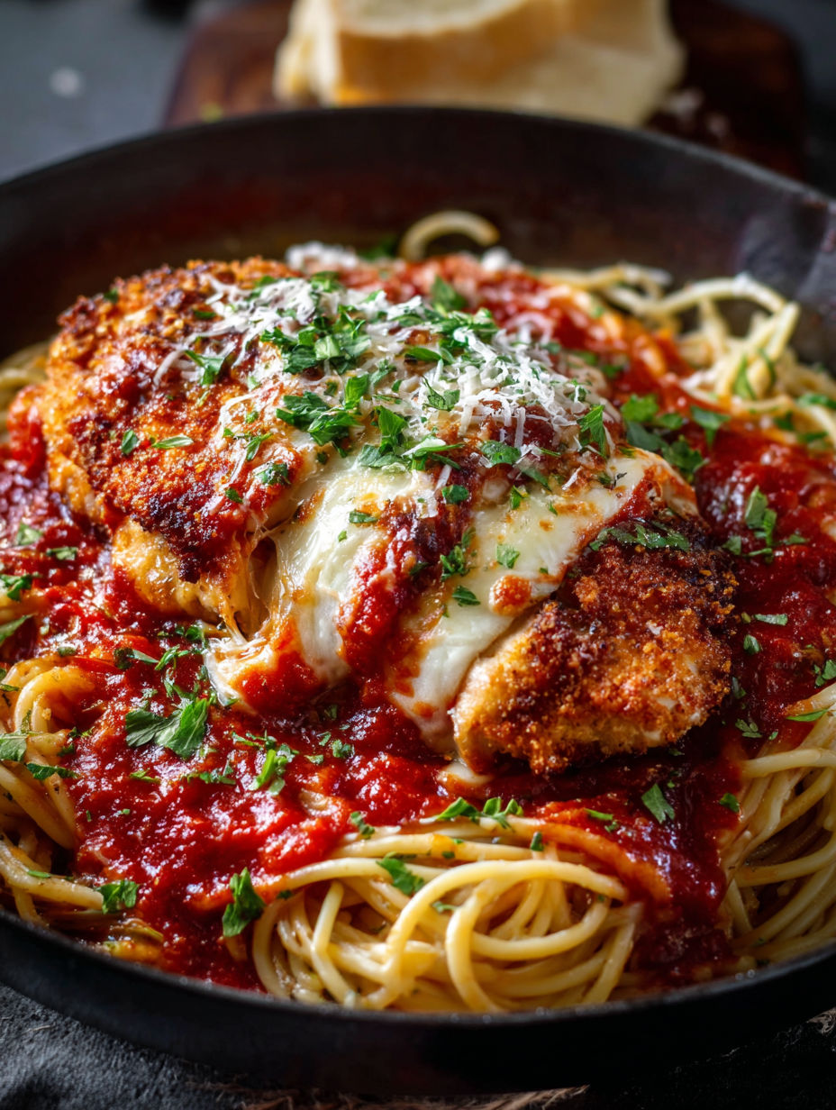 Ein Gericht mit Hähnchen Parmesan, Käse und Kräutern.