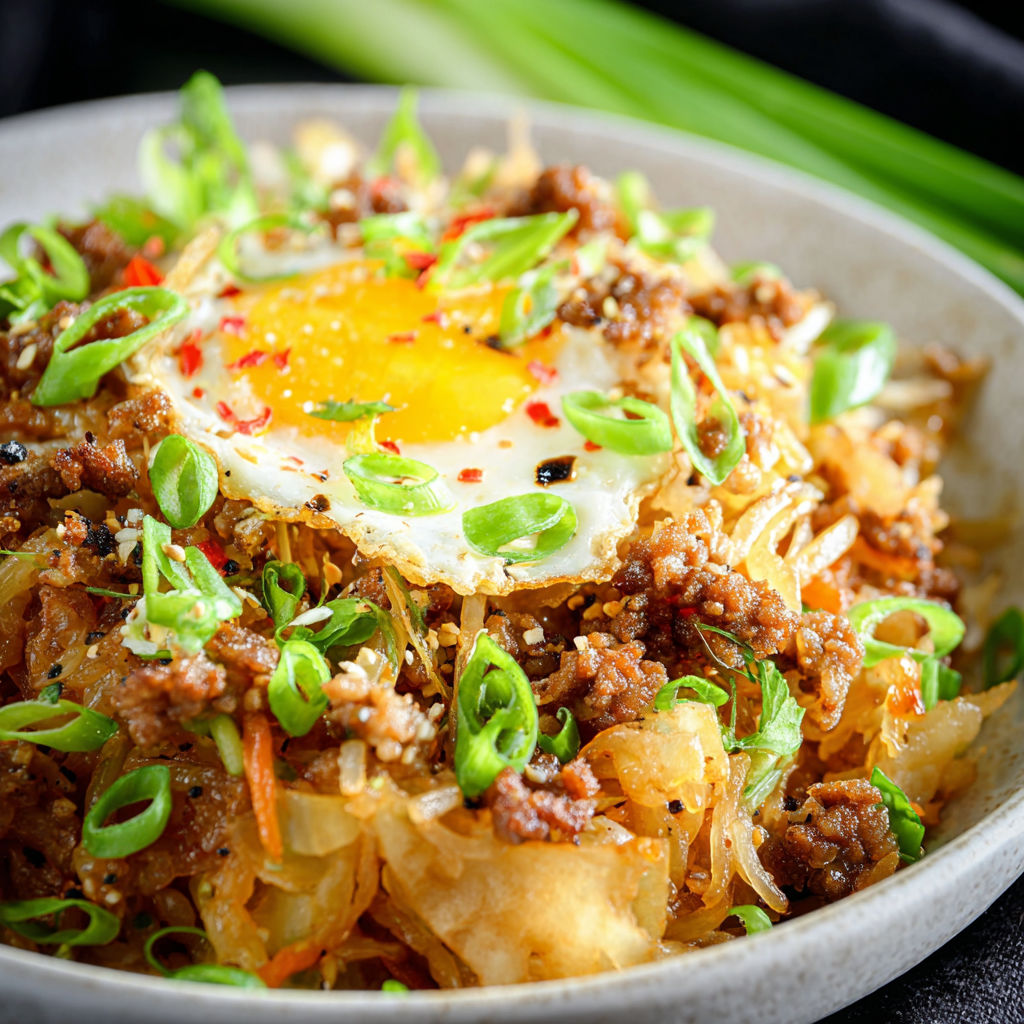 Eine Schale mit Essen und einem Ei darin.