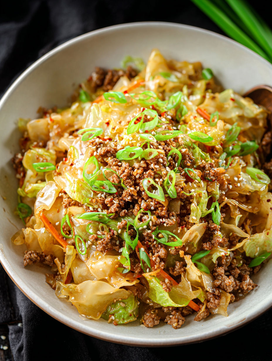 Eine Schüssel mit Essen mit der Aufschrift "inside out egg roll" darauf.