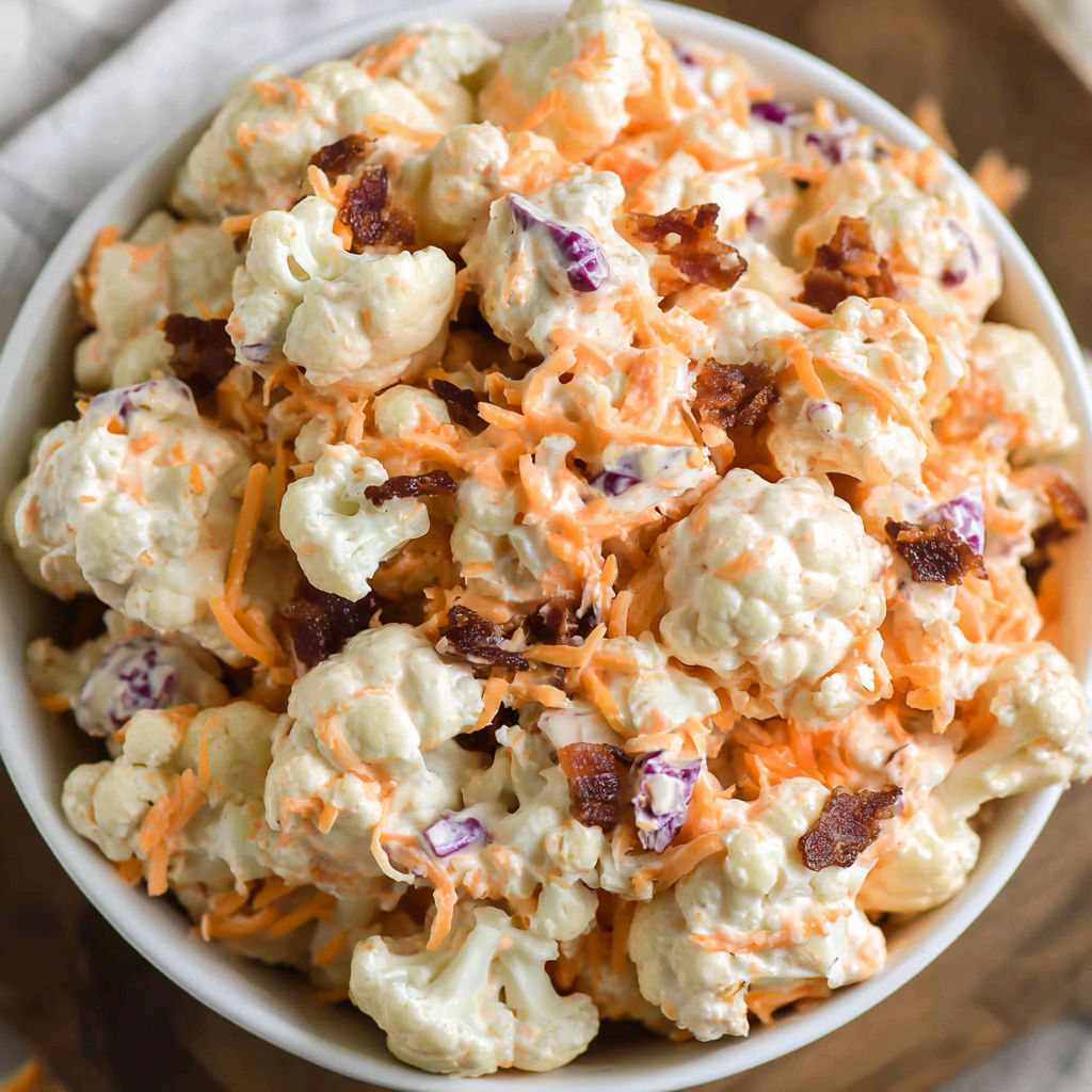 Eine Schüssel Blumenkohlsalat mit Speckstückchen.