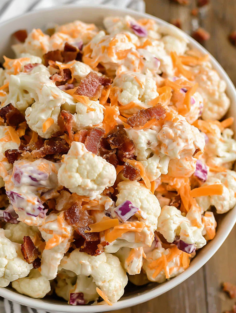 Eine Schüssel Blumenkohlsalat mit Speckstücken.