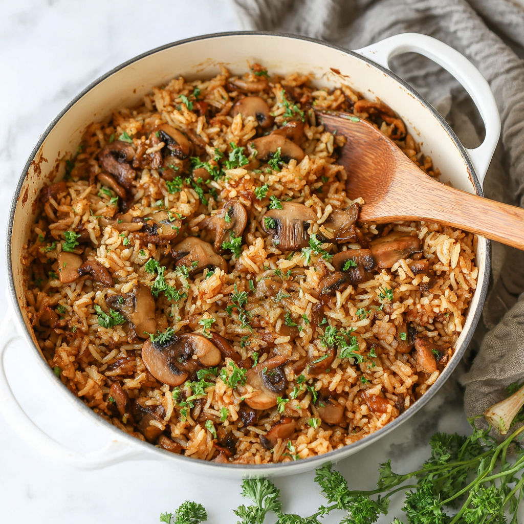 Eine Schüssel Reis mit Pilzen und Kräutern.