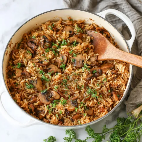 Eine Schüssel Reis mit Pilzen und Kräutern.