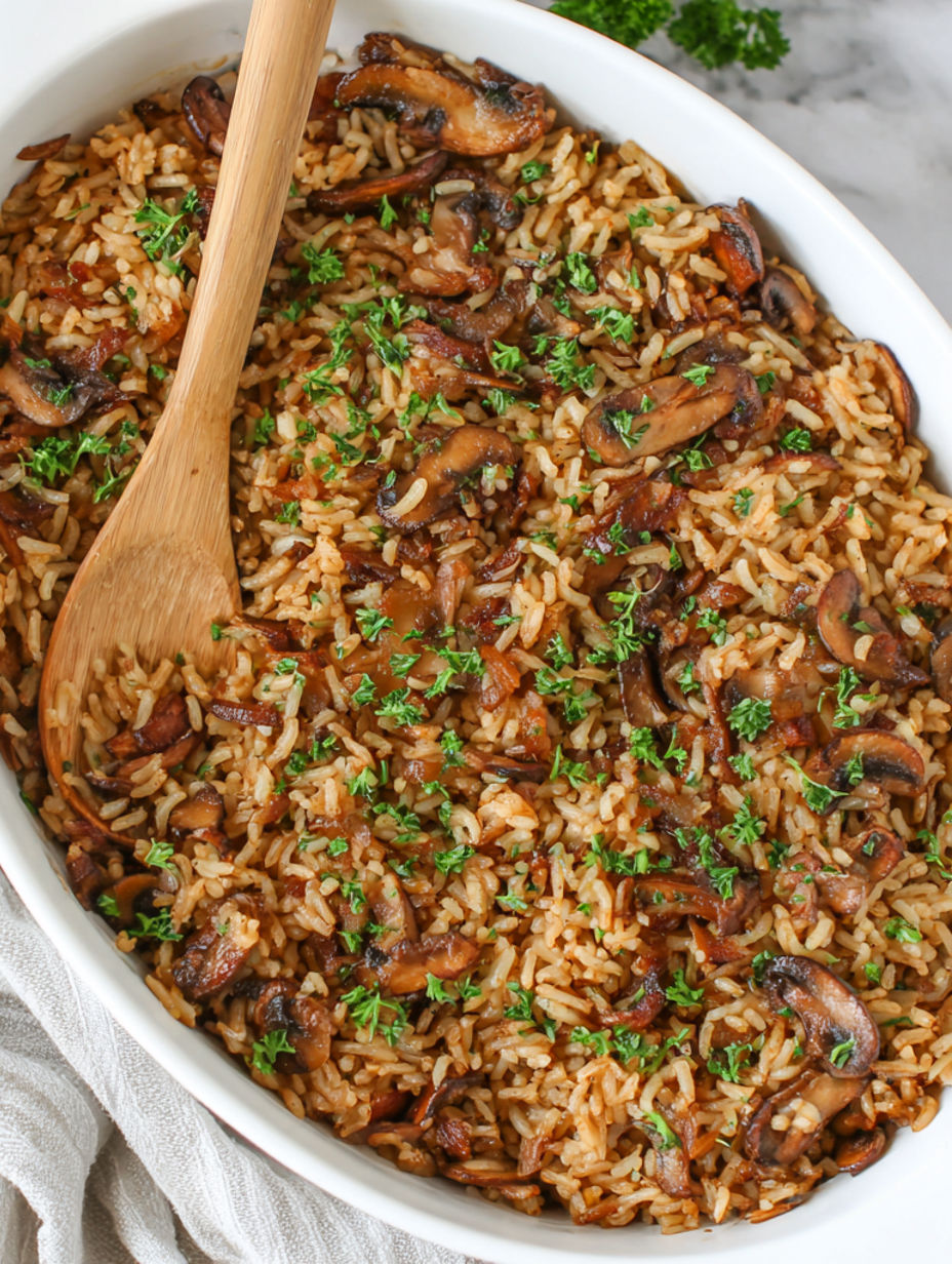 Eine Schüssel Reis mit Pilzen und Kräutern.